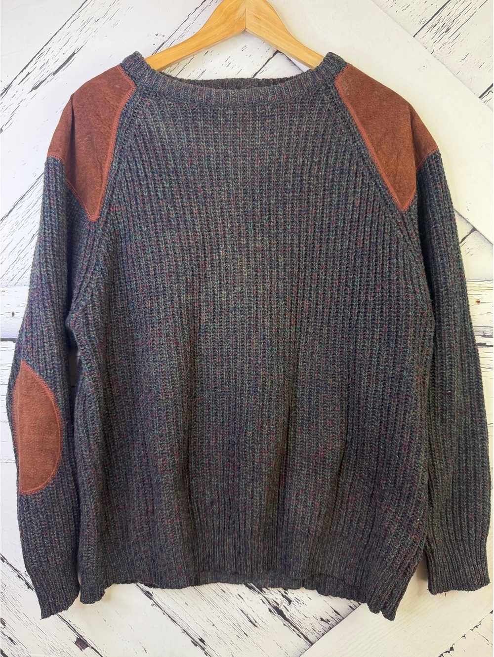 Vintage Woolrich Rugged Commando Style Heavy Knit Suede Patches Sweater Men LG